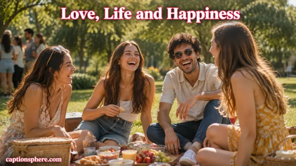 Happy friends laughing together during a sunny outdoor picnic.
