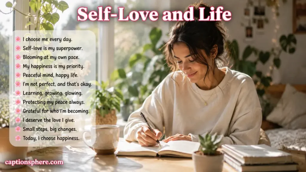 Woman journaling peacefully beside a bright window filled with houseplants.