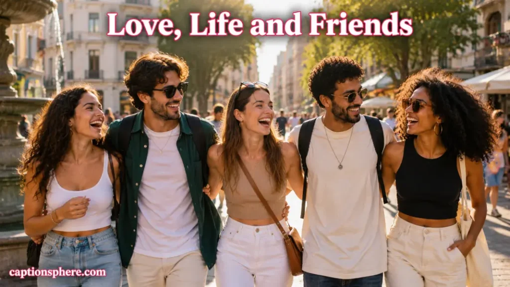 Group of close friends laughing together while walking through a city.