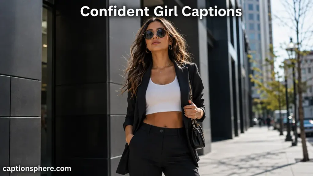 Confident young woman posing beside modern architecture on a downtown street.