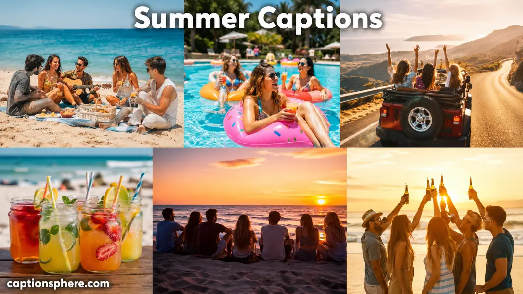 Friends enjoying beach, pool, road trip, and sunset moments during summer.
