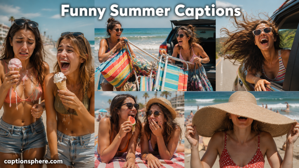 Friends sharing funny summer moments with melting ice cream and beach gear.