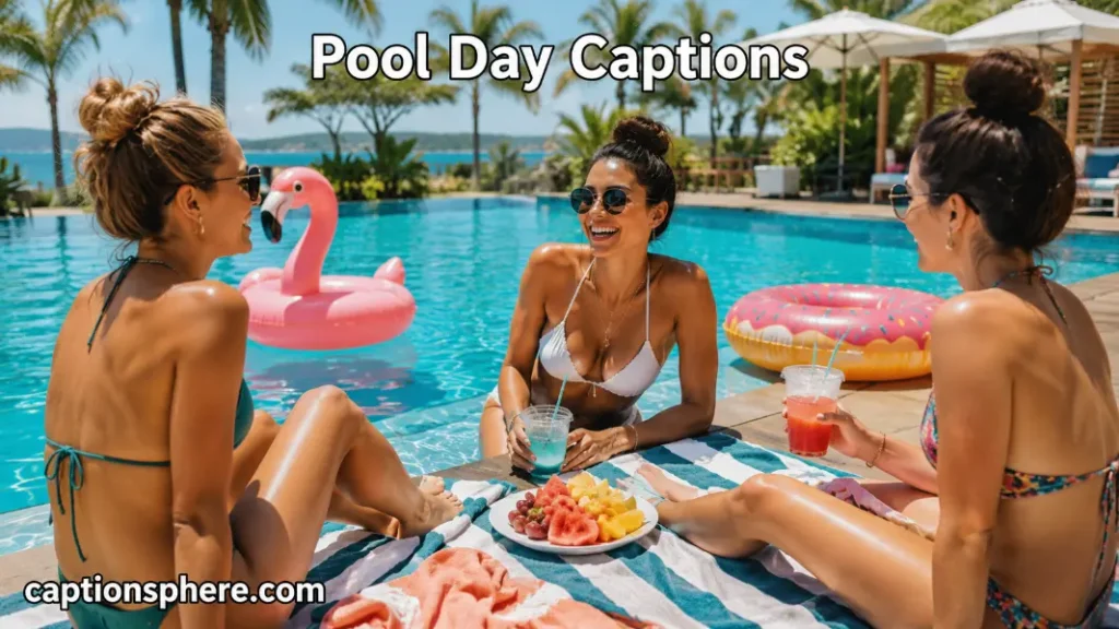 Friends relaxing beside a swimming pool with floats and cold drinks.