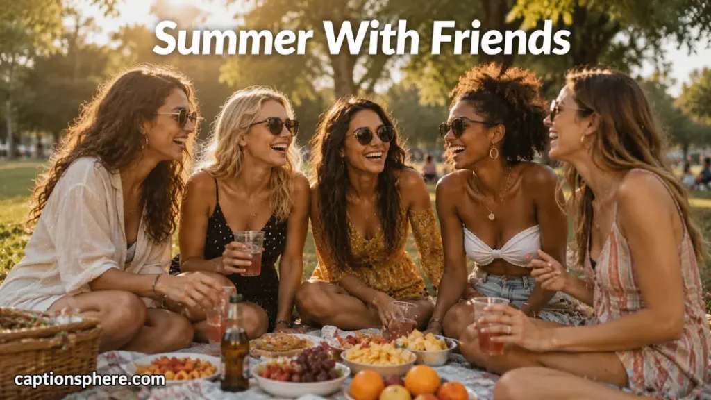Group of close friends laughing together during a sunny outdoor summer gathering.