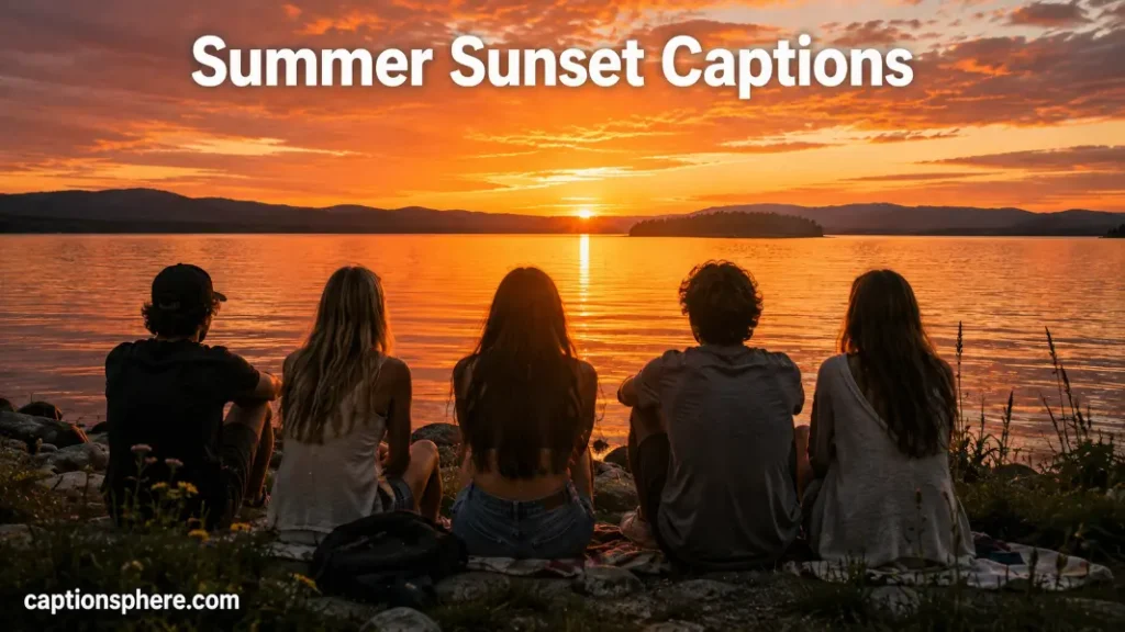 Friends watching a colorful summer sunset from a peaceful lakeside shoreline.