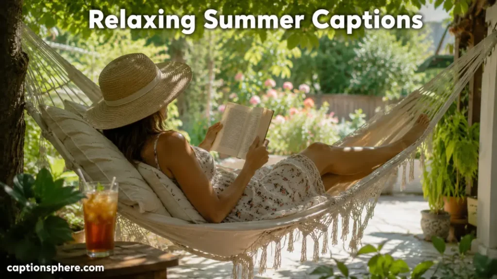 Person reading peacefully in a hammock beside a shaded summer garden.