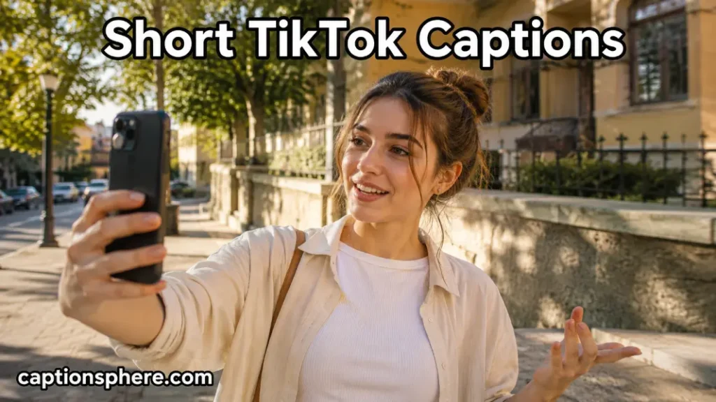 Young woman recording a short outdoor video during a sunny afternoon for TikTok Caption.