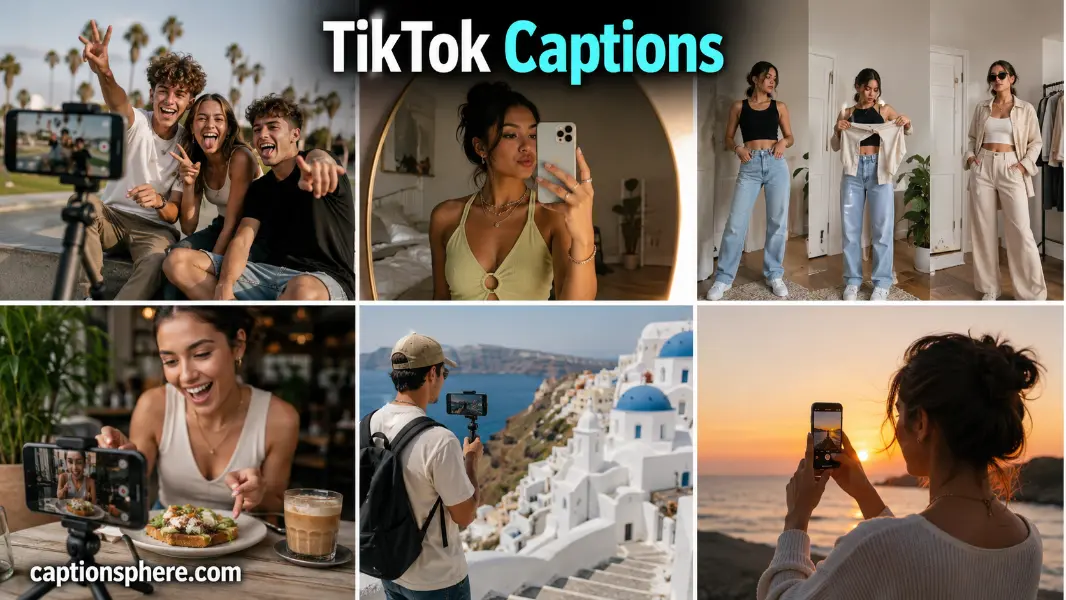 Friends filming videos, selfies, outfits, food, and travel moments together for TikTok Caption.