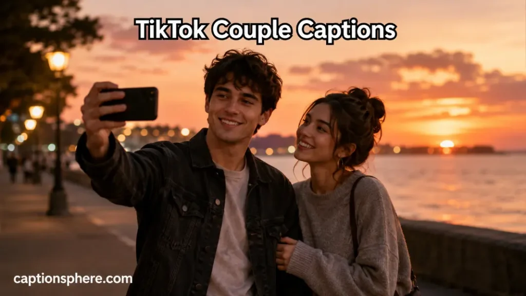 Young couple recording a relaxed video together during an evening walk for TikTok Caption.