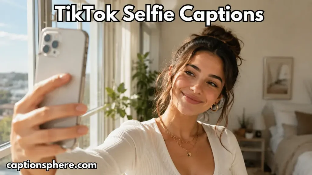 Stylish young woman taking a cheerful selfie beside a bright window for TikTok Caption.
