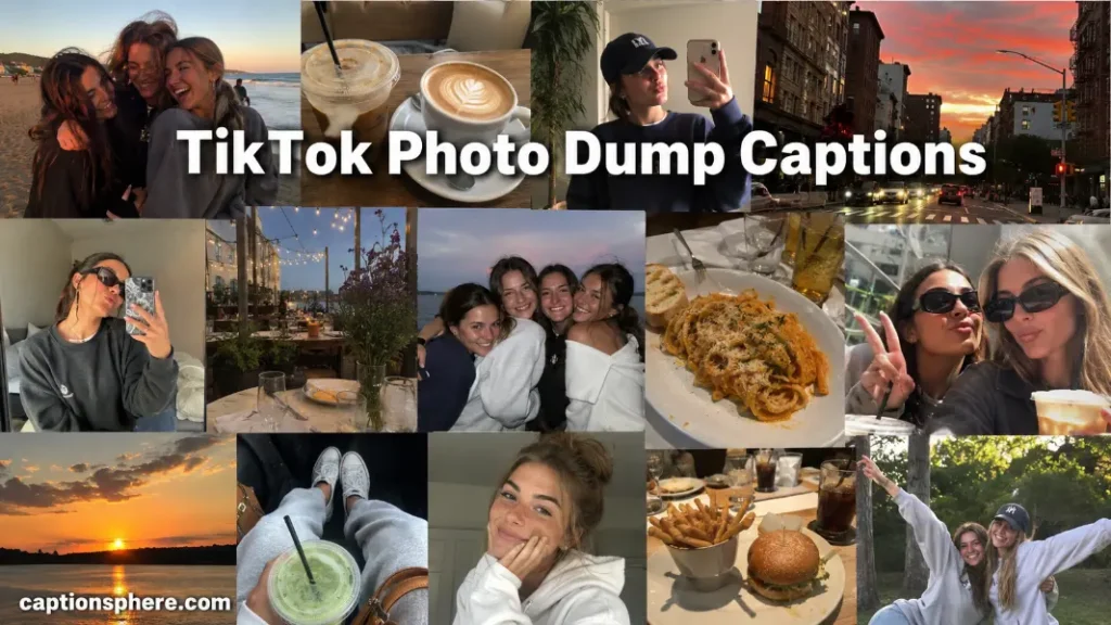 Collage of friends, coffee, sunset, food, selfies, and weekend snapshots for TikTok Caption.