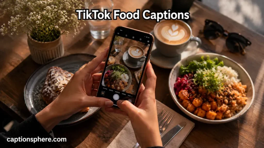 Person recording coffee and a colorful meal at a sunny café table for TikTok Caption.