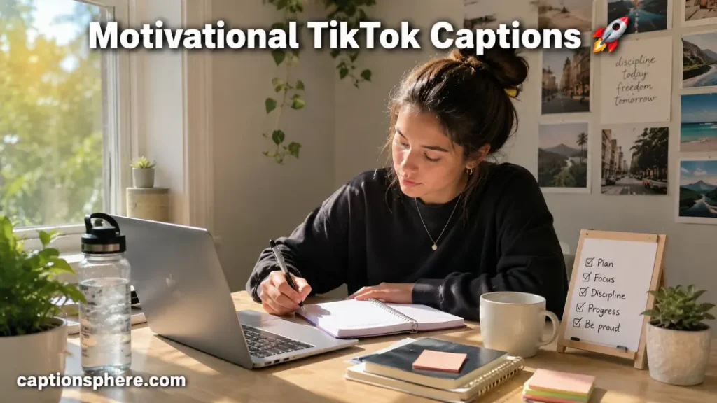 Young adult working toward personal goals at a bright morning desk for TikTok Caption.