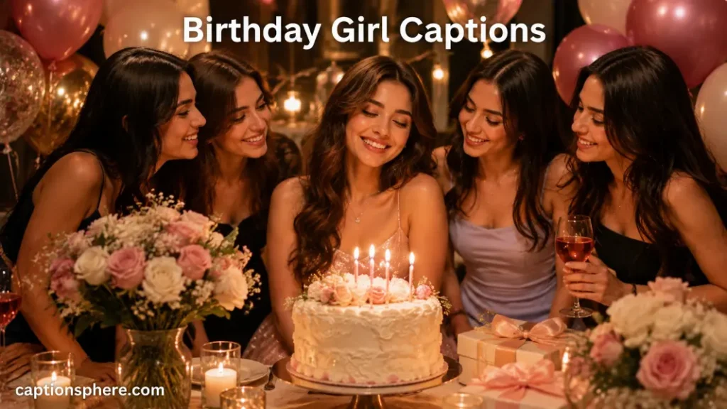 Young woman celebrating beside a birthday cake, balloons, flowers, and friends.