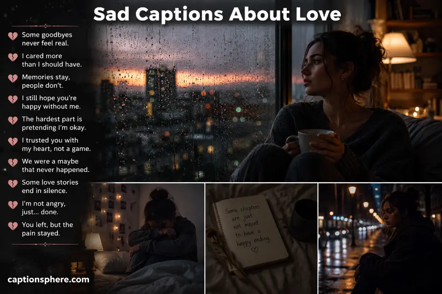 Cinematic collage of a heartbroken woman reflecting by a rainy window, sitting alone, journaling, and walking at night with sad love captions.