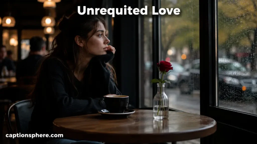 Young woman sitting alone at a café table beside a single flower.