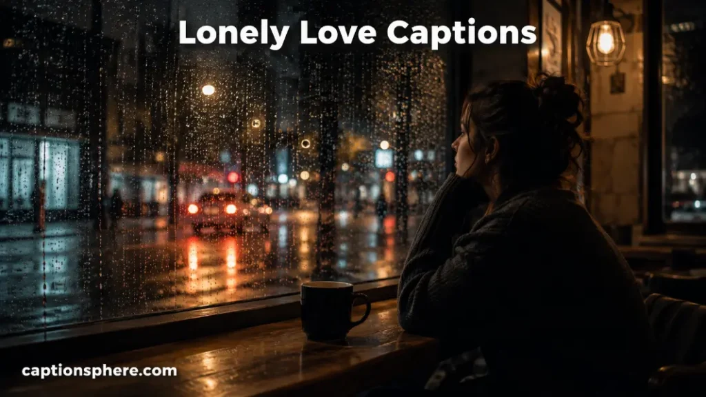 Person sitting alone by a café window overlooking a rainy city street.