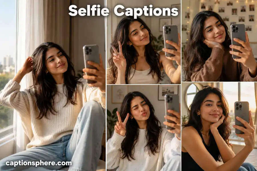 Young woman taking multiple selfies with different poses in a bright apartment.