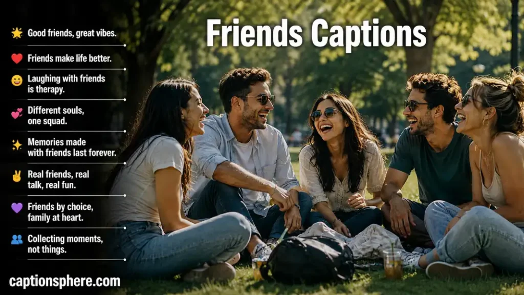 Group of friends laughing together during a relaxed afternoon in the park.
