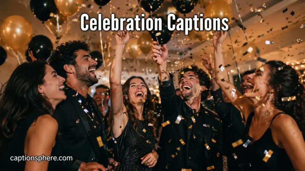 Friends laughing beneath balloons and confetti during a lively indoor celebration.
