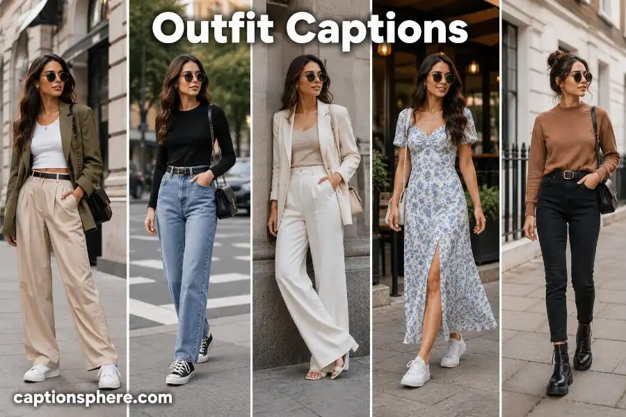 Fashionable young woman wearing five different stylish outfits on modern city streets.