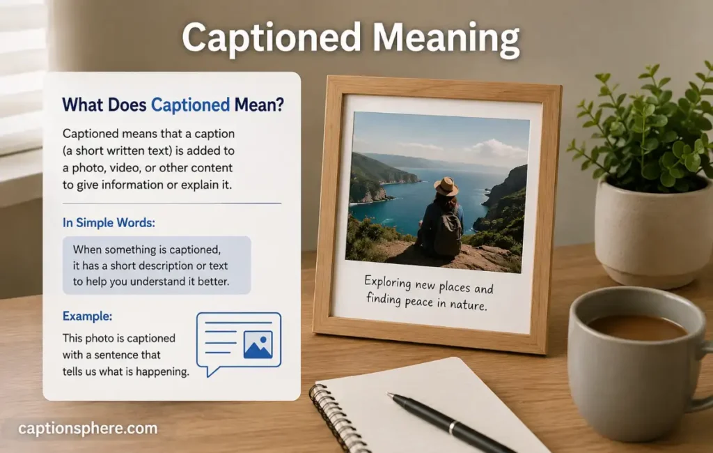 Simple visual explaining captioned meaning with a short description added beneath a travel photo.