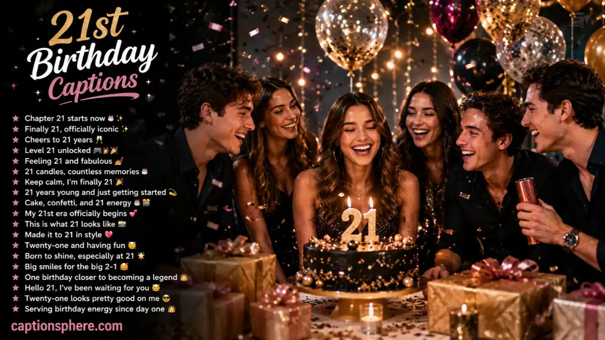 Young adult celebrating a 21st birthday with friends, balloons, cake, and confetti.