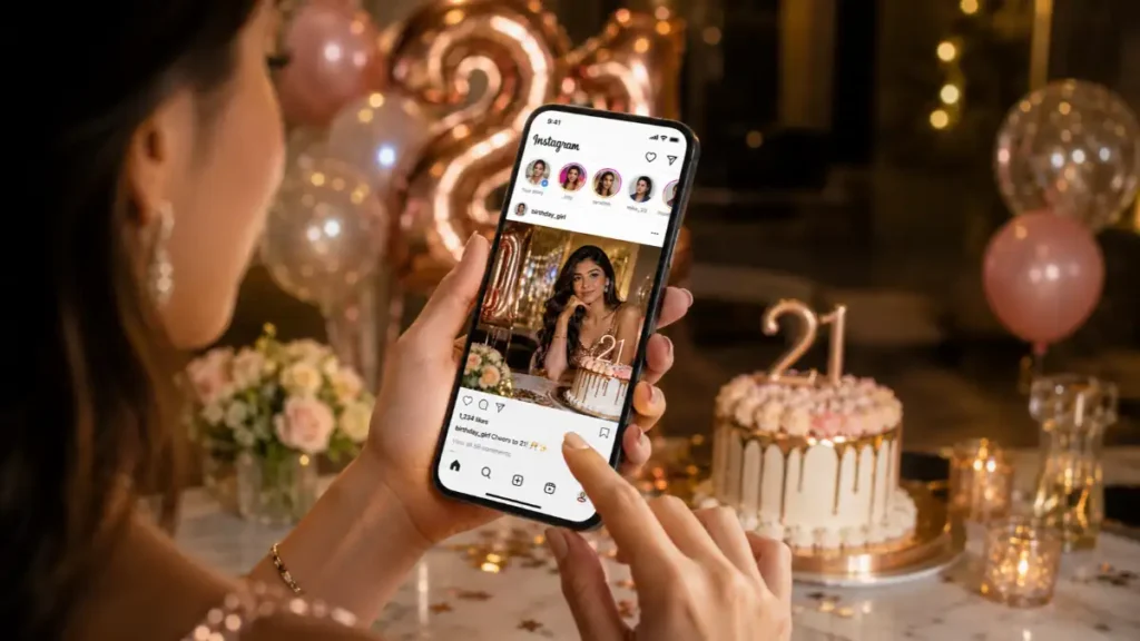 Young woman holding a smartphone and viewing her stylish 21st birthday photo on Instagram.