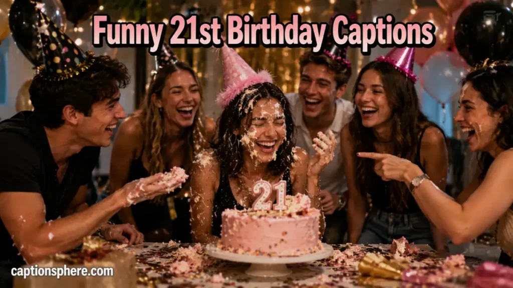 Friends laughing during a playful birthday celebration with cake and party hats.