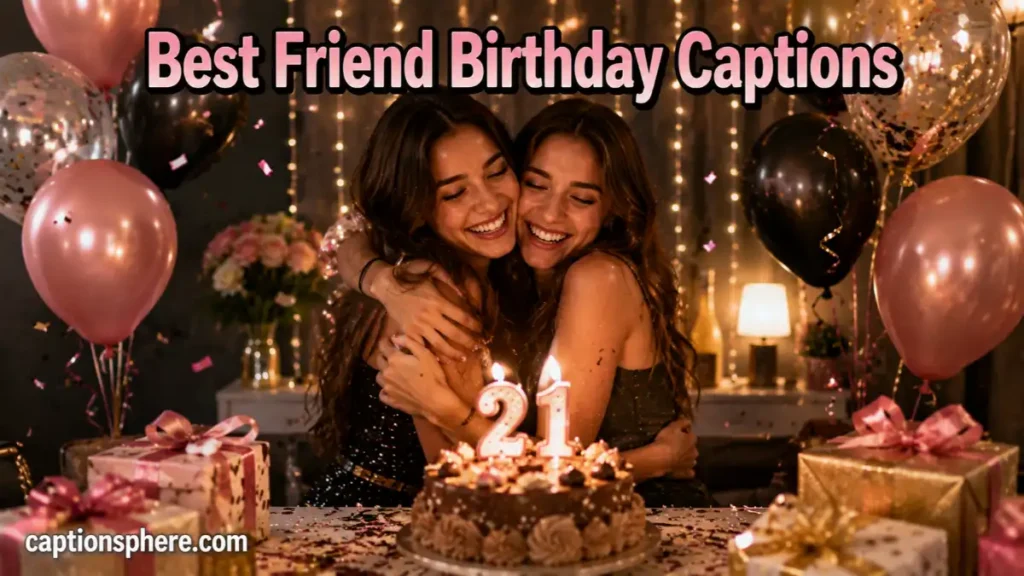 Two best friends hugging beside birthday decorations during a joyful celebration.