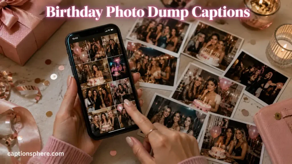 Person browsing birthday party photographs on a smartphone beside printed snapshots.