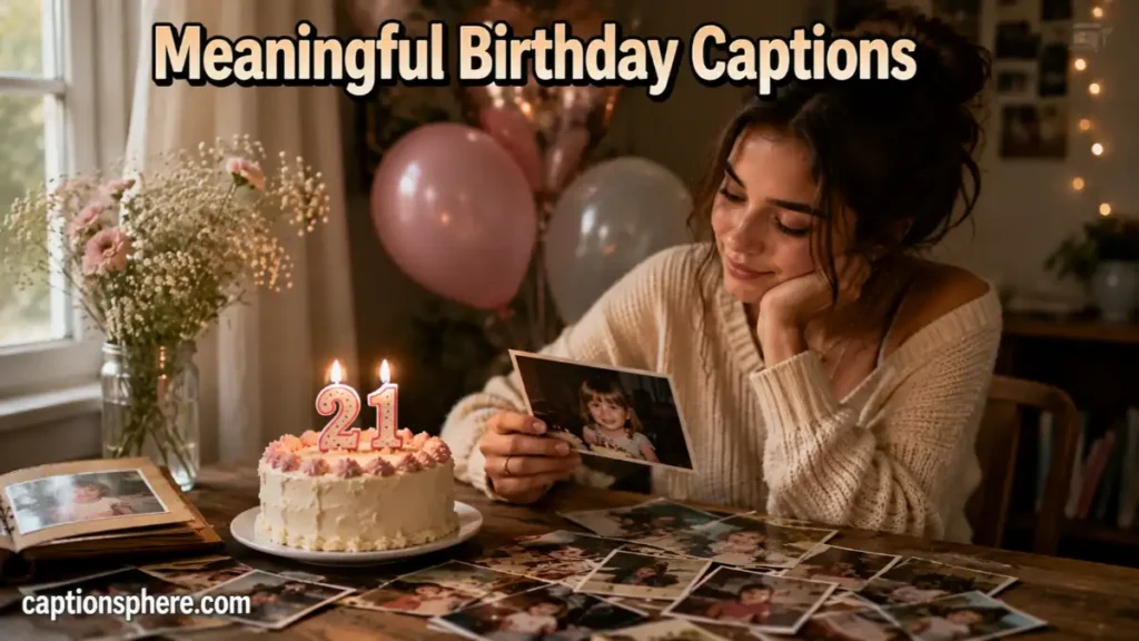 Young adult quietly looking through childhood photographs beside a birthday cake.