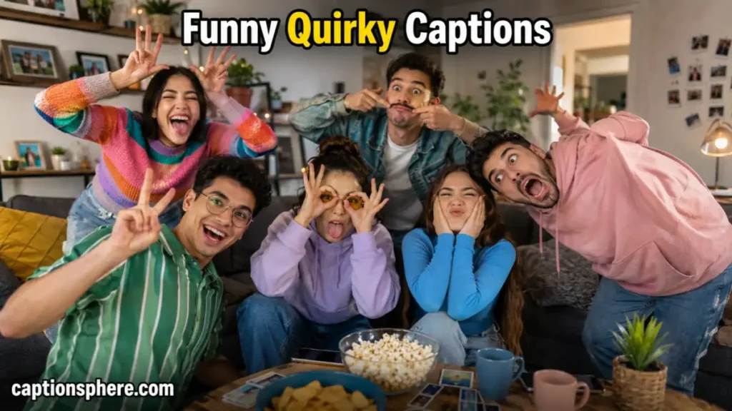 Friends laughing during an intentionally awkward group photo in a living room.
