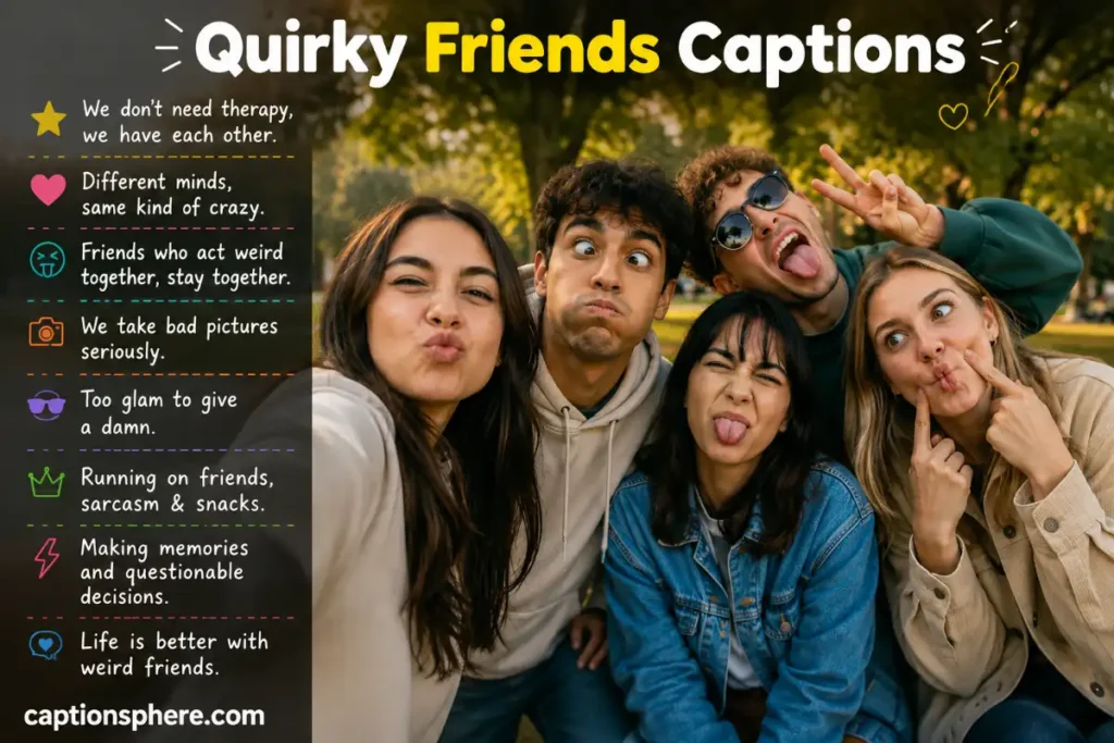 Group of friends making silly expressions together during an outdoor afternoon.
