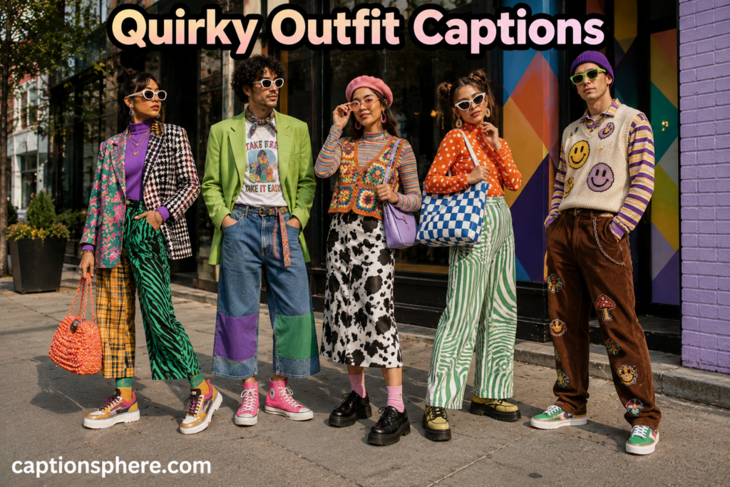 Fashionable persons wearing playful patterns and unusual accessories on a city street.
