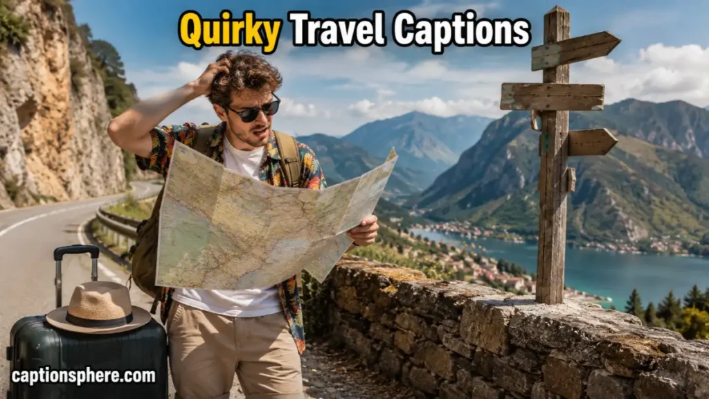 Traveler studying a folded map beside luggage at a scenic roadside stop.
