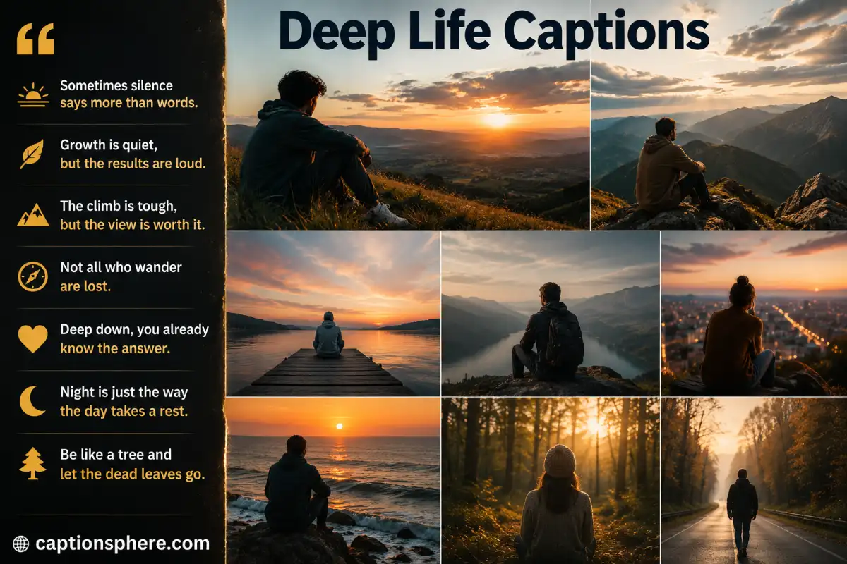 Collage of people reflecting alone in mountains, forests, by the sea, and at sunset, with deep life captions displayed on the left.