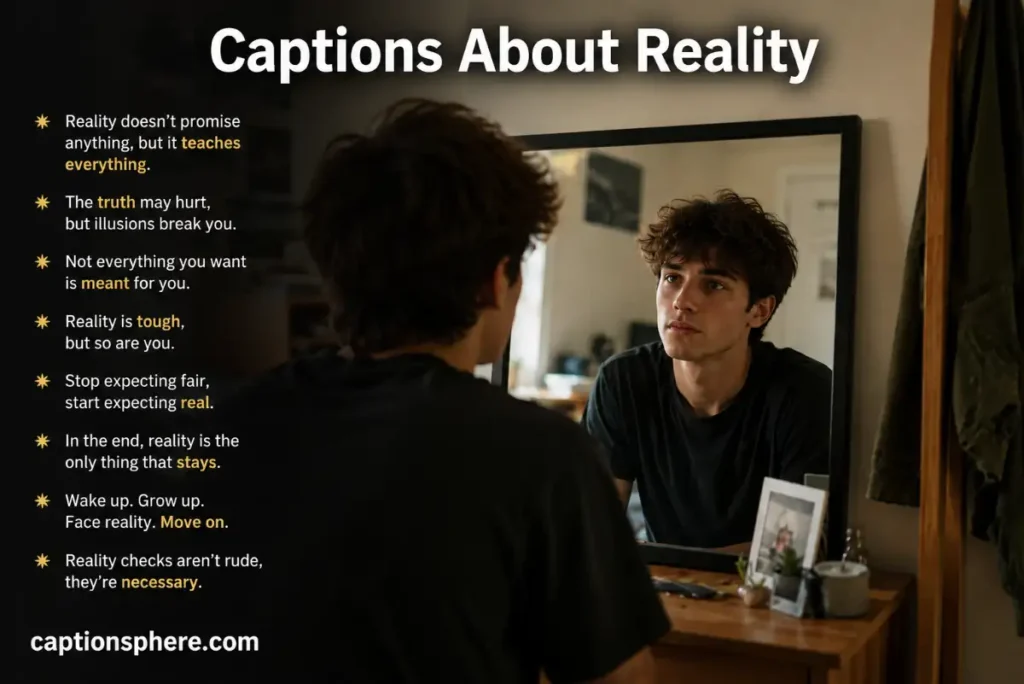 Young adult studying their reflection in a bedroom mirror during daylight.