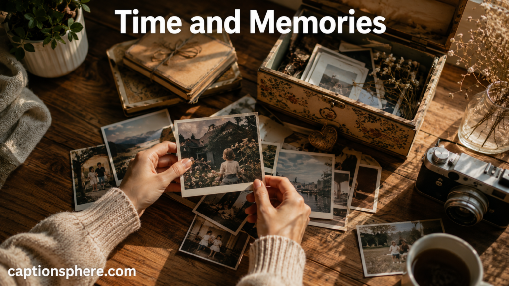 Hands arranging old printed photographs beside a small keepsake box on a table.