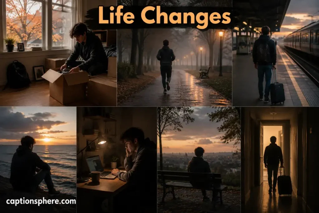 Young man experiencing different life changes, including moving, traveling, working, and spending reflective moments alone.