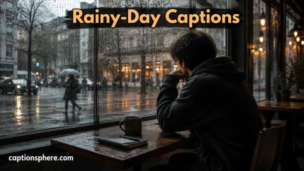 Young adult sitting alone by a rain-covered café window with a warm drink, watching the rainy city outside.