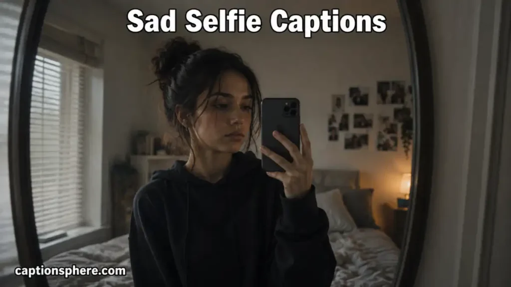 Young adult taking a serious mirror selfie in a softly lit bedroom.