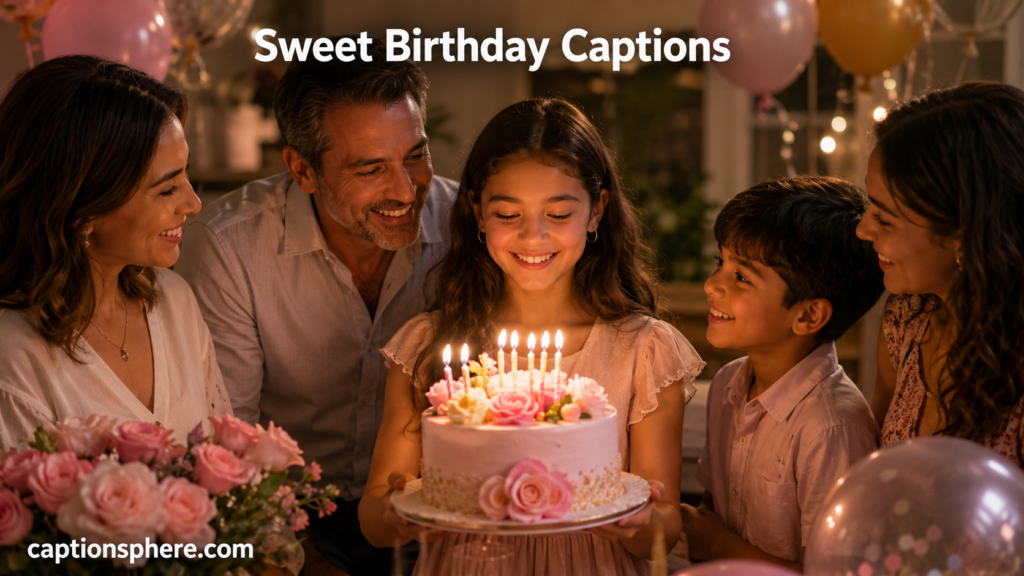 Smiling daughter holding birthday cake while her family celebrates beside her.