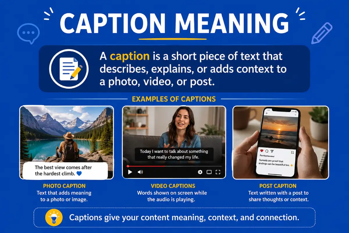 Infographic explaining caption meaning with photo, video, and social media caption examples.