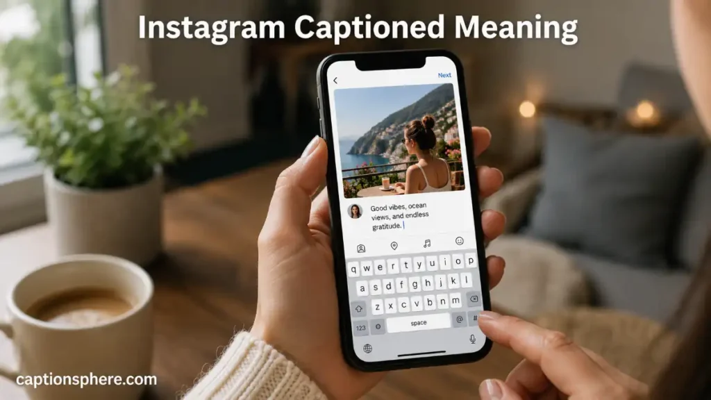 Hand holding a smartphone while adding a caption to a lifestyle photo for Instagram.