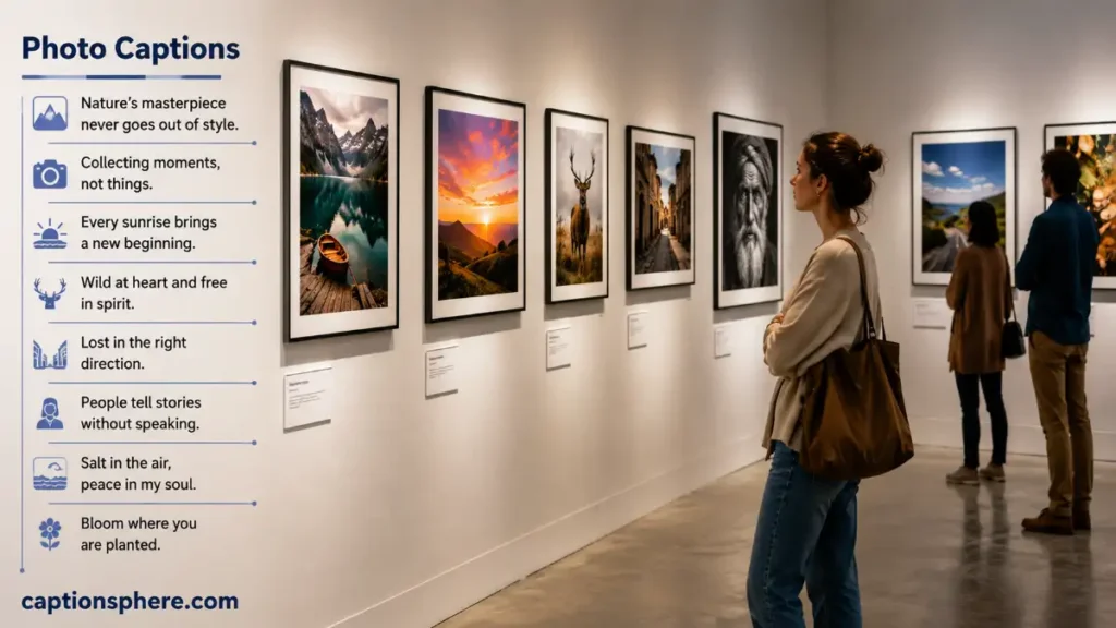 Gallery wall displaying photographs with short descriptive labels beneath them.