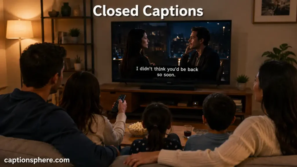 Family watching television with optional dialogue captions visible on screen.