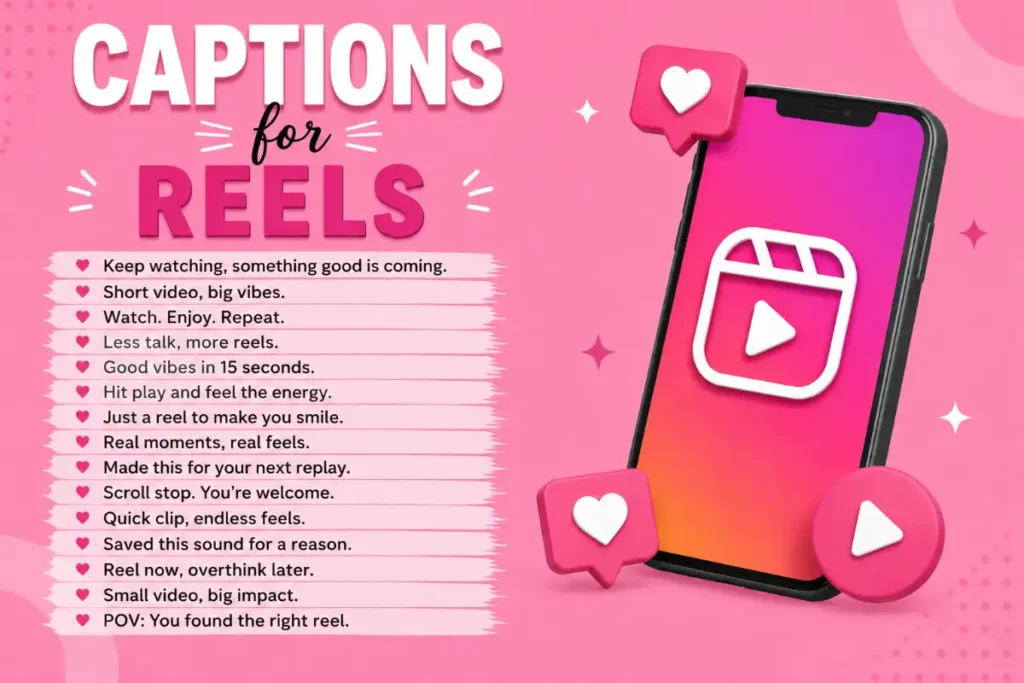 Pink social media graphic featuring creative captions for Reels beside a smartphone.