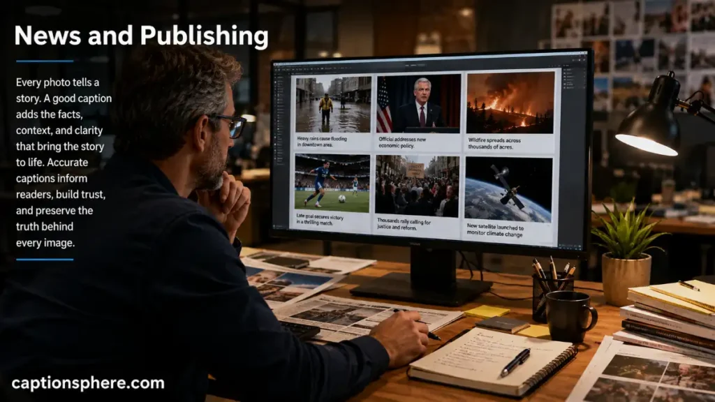Editor reviewing newspaper photographs and descriptive captions at a desk.