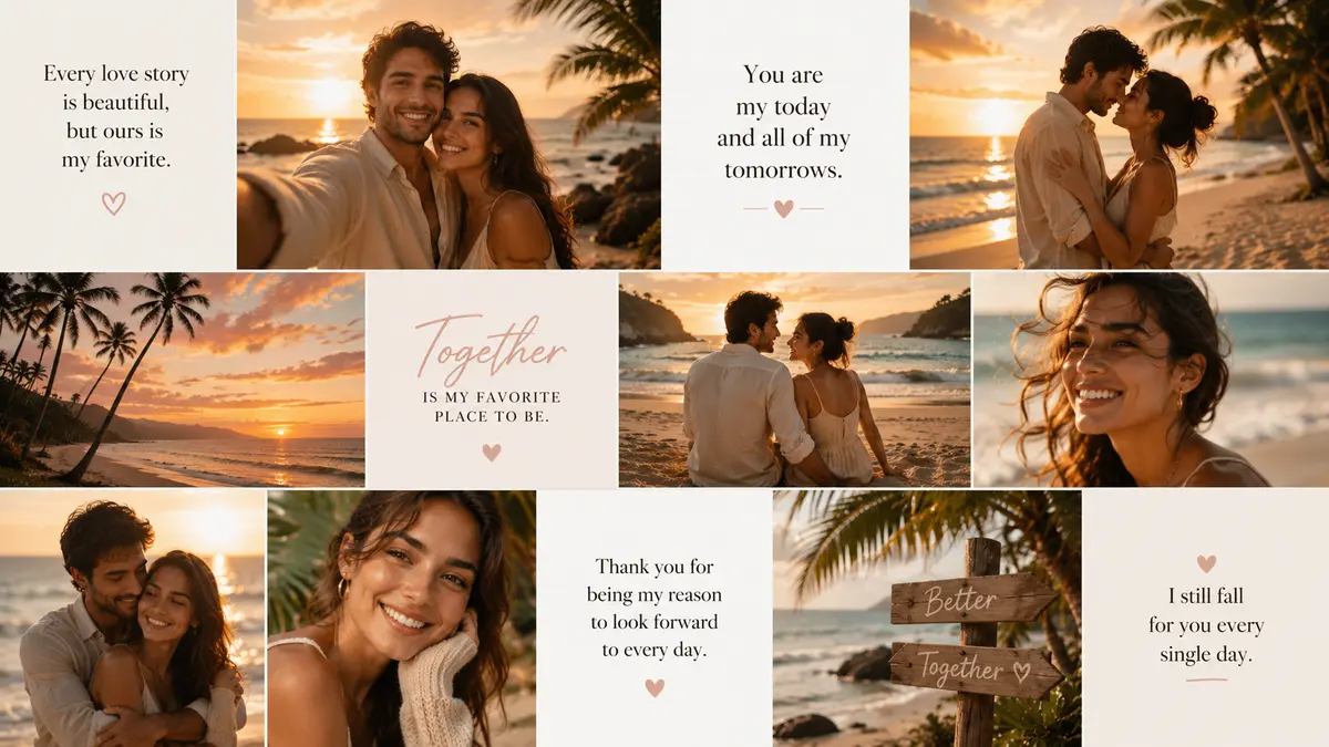 Young couple smiling together on a tropical beach during golden hour with palm trees and ocean in the background.